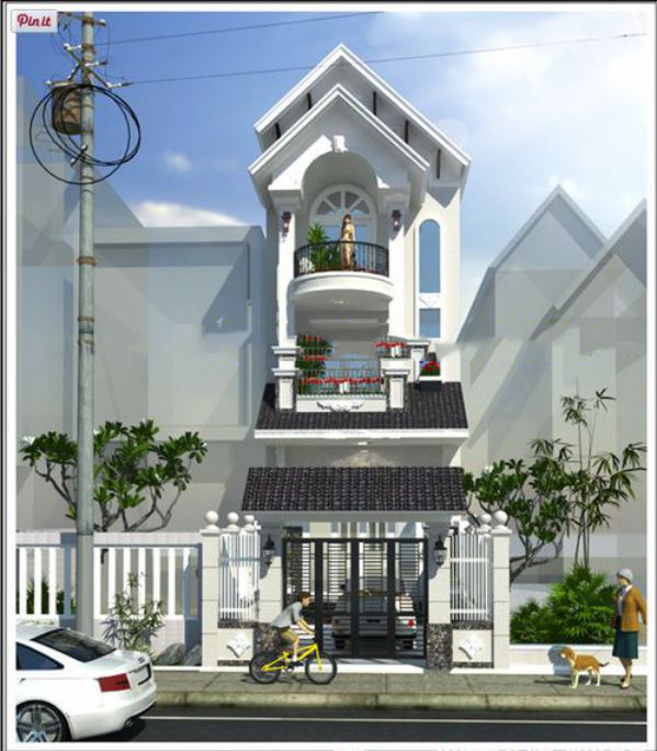 Ngôi nhà sở hữu ngoại thất đẹp với kiến trúc hiện đại mái thái. Lan can phá cách khiến ngôi nhà mang kiến trúc của biệt thự. Ảnh: Kientaoviet.