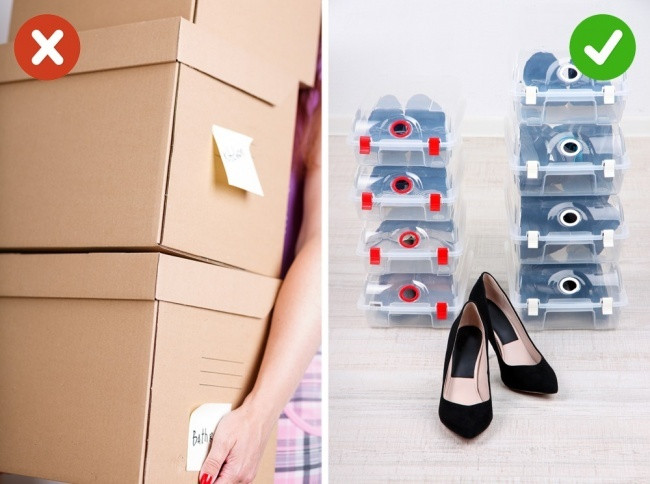 Bảo quản giày dép trong những chiếc hộp cồng kềnh sẽ khiến không gian nhà thêm chật chội. Bạn có thể thay thế bằng hộp nhỏ vừa vặn hơn. Ảnh: Freshome.