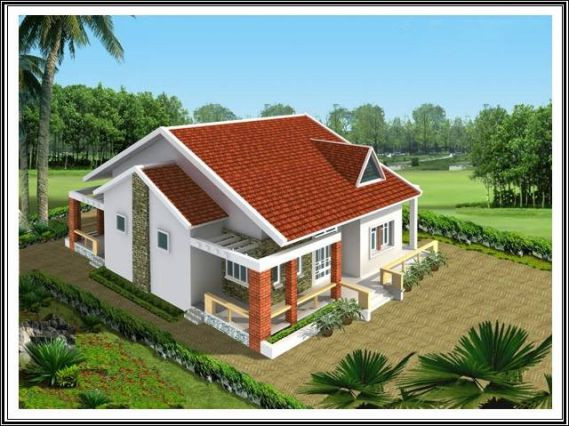 Bên cạnh mái ngói đỏ tươi, ngôi nhà còn nổi bật với gam màu xanh tươi của rặng cây xanh và thảm cỏ trải dài. Ảnh: Nhabinhduong.