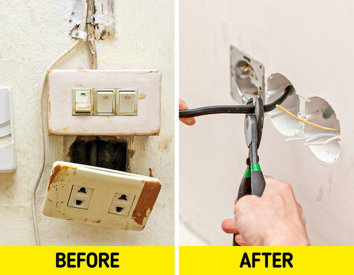 Các vết bẩn trên tường, vết nứt, dây điện lỏng lẻo, ổ cắm bị hỏng...không chỉ gây nguy hiểm mà còn khiến ngôi nhà giống như một công trường xây dựng. Do đó, hãy xem xét cải tạo lại trong ngân sách của gia đình.