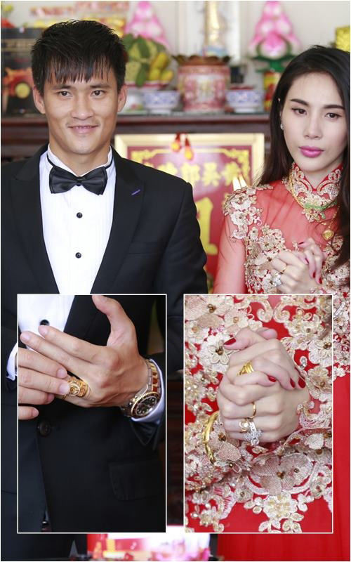 Đám cưới của Công Vinh - Thủy Tiên đầu năm 2015 cũng gây chú ý vì trang sức bằng vàng được gia đình chú rể dành tặng cho nữ ca sĩ quá nhiều. Ảnh: Yan.