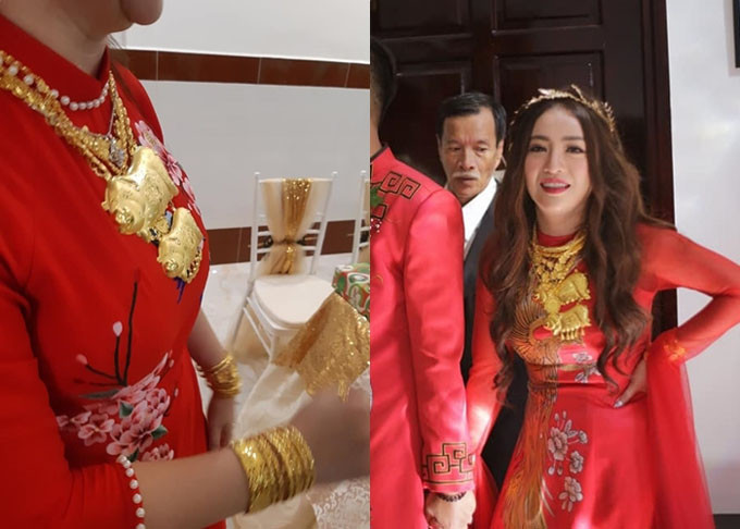 Trong lễ vu quy tại Vĩnh Long, cô dâu MiA gây chú ý với hình ảnh cổ, tay đeo đầy vòng vàng do bố mẹ dành tặng. Ảnh: Ngoisao. Video: Sự thật về đồ tiền tỷ của sao Việt. Nguồn: VTC1