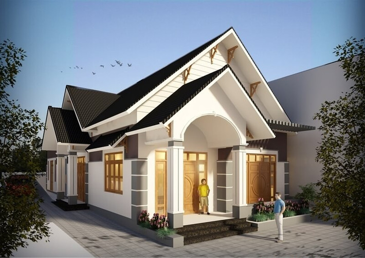 Với những ô đất hình chữ nhật, gia chủ có thể lựa chọn mẫu nhà cấp 4 mái thái hình ống. Mặt tiền được xử lý khéo léo, từ bậc tam cấp cho đến thiết kế giật cấp. Ảnh: Wedo.