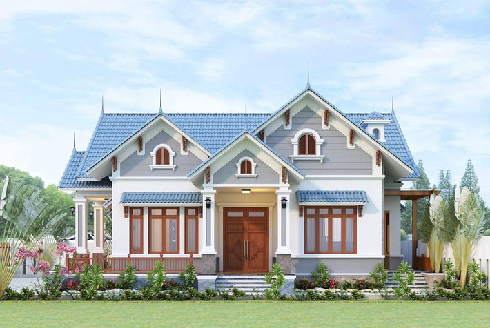 Nhà vườn 1 tầng có thiết kế mái thái hiện đại với kiểu mái giật cấp màu xanh xám. Ảnh: Wedo.