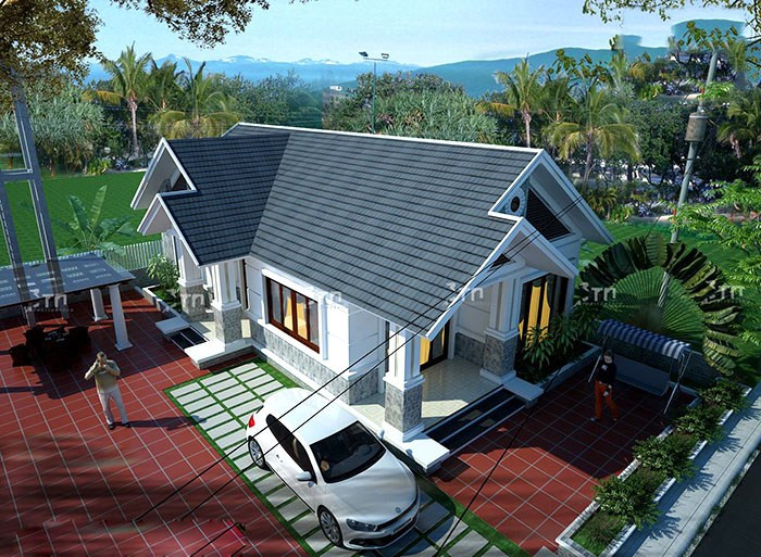 Nhà mái thái thiết kế giật cấp hiện đại với khoảng mặt tiền thoáng rộng, không gian sân vườn tươi mới. Ảnh: Wedo.