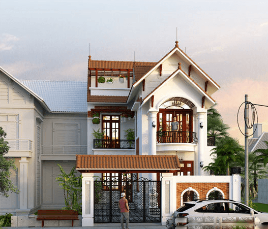 Mẫu nhà 2 tầng được thiết kế cho gia đình gồm 5 thành viên với kiến trúc mái thái hiện đại, cửa cổng và ban công bằng sắt nghệ thuật. Ảnh: Wedo.