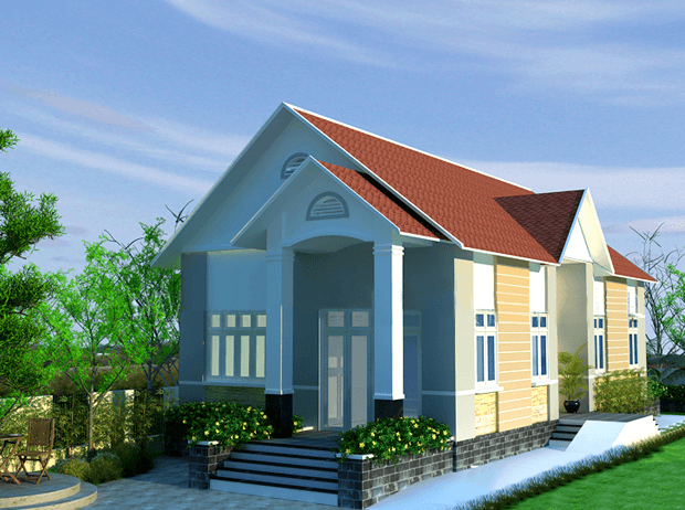 Mẫu nhà cấp 4 mái thái hiện đại gồm phòng khách, phòng bếp, 2 phòng ngủ, nhà vệ sinh chung được ưa thích tại các vùng nông thôn. Ảnh: Wedo.