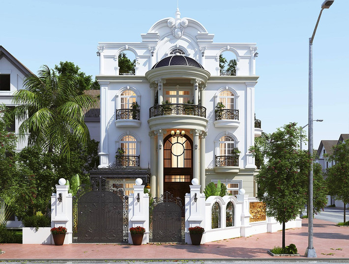 Căn biệt thự nổi bật với sự kết hợp giữa tông sáng thanh lịch, hiện đại cùng thiết kế các chi tiết ban công, cột nhà và mái vòm cầu kì mang màu sắc châu Âu cổ kính. Ảnh: xcons.