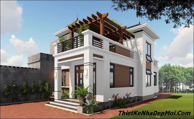 Mẫu nhà 2 tầng mang phong cách biệt thự mini gồm 4 phòng ngủ thiết kế với diện tích 7x14m. Ảnh: Thietkenhadepmoi.