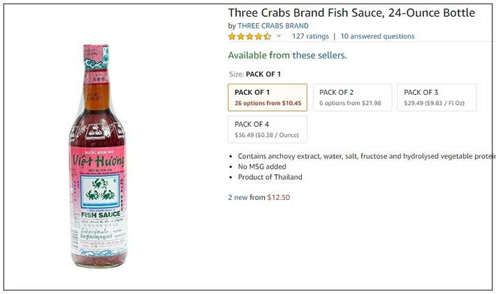 Một chai nước mắm Việt Hương 710ml trên Amazon có giá tới 10,45 USD, tương đương 240.000 đồng/chai. Trong khi đó ở Việt Nam, bạn có thể mua 1 chai mắm 5L với giá… 60.000 đồng. Ảnh chụp màn hình.
