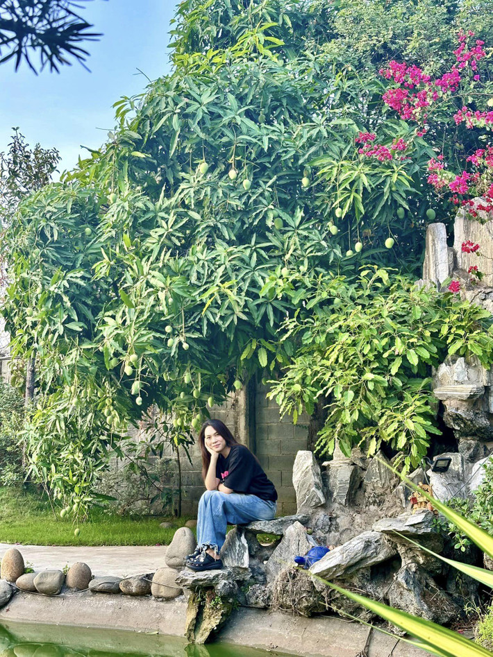 Không gian nơi đây thoáng đãng và yên bình. Cạnh cây xoài là hồ nước xanh mát cùng những hòn non bộ trang trí đẹp mắt.
