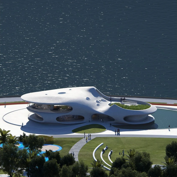 Công trình kiến trúc ấn tượng phải kể đến đầu tiên trong năm 2021 là Thư viện Wormhole tại đảo Hải Nam, Trung Quốc do đơn vị thiết kế MAD thực hiện.