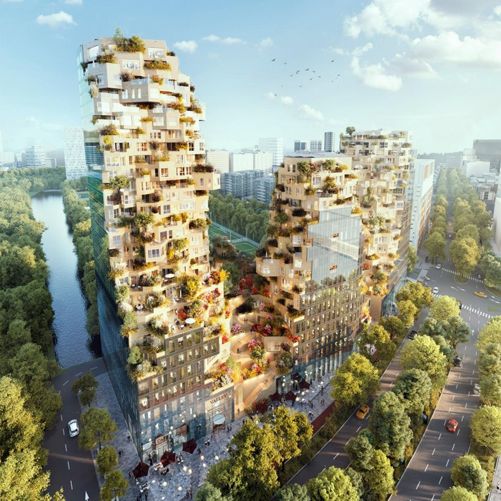 Tòa nhà cao tầng hỗn hợp ở Rotterdam (Hà Lan) sẽ đi vào hoạt động năm 2021 với tên gọi Thung Lũng. Công trình bao gồm ba đỉnh núi, mỗi đỉnh đều có cây xanh và cửa sổ góc nhô ra từ mọi góc độ.
