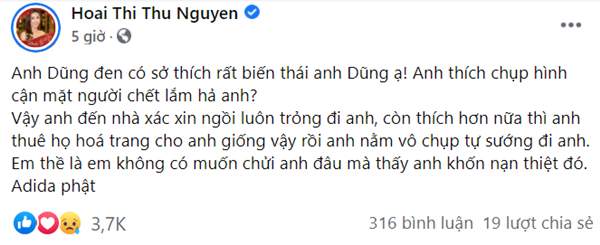 Chiều ngày 3/1, showbiz Việt xôn xao khi Hoa hậu Thu Hoài đăng đàn "dằn mặt" Dũng Taylor (chồng ca sĩ Thu Phương) cực gắt về việc chụp ảnh thi hài cố NS Vân Quang Long chia sẻ lên MXH. Ảnh: chụp màn hình.