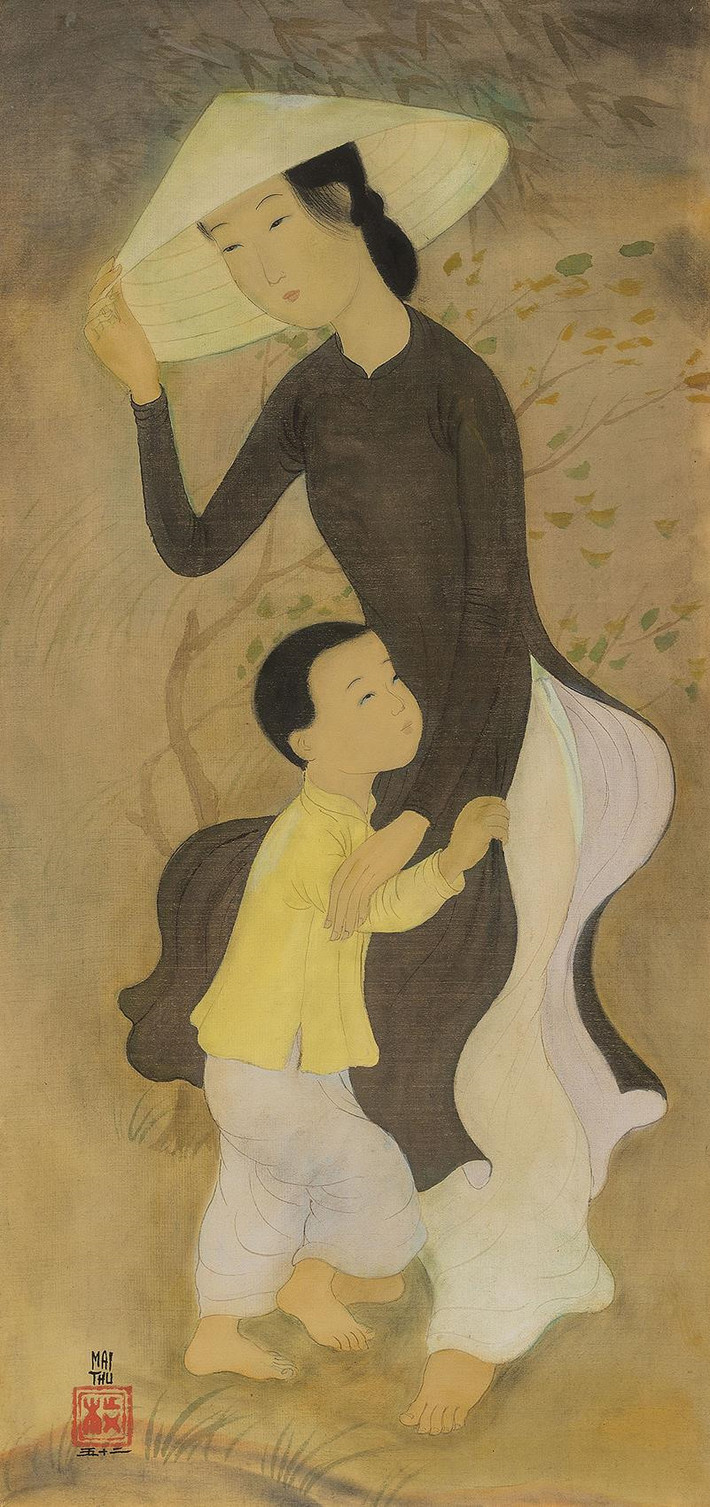 Tranh lụa Mẹ và con của Mai Trung Thứ vẽ năm 1952, chữ ký và dấu của họa sĩ nằm ở góc dưới bên phải tranh. Tác phẩm bán với giá 151,3 nghìn USD.