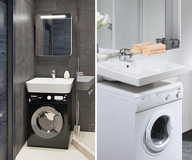 Bồn rửa phía trên máy giặt là sự kết hợp thú vị mà không phá hỏng nội thất phòng tắm.