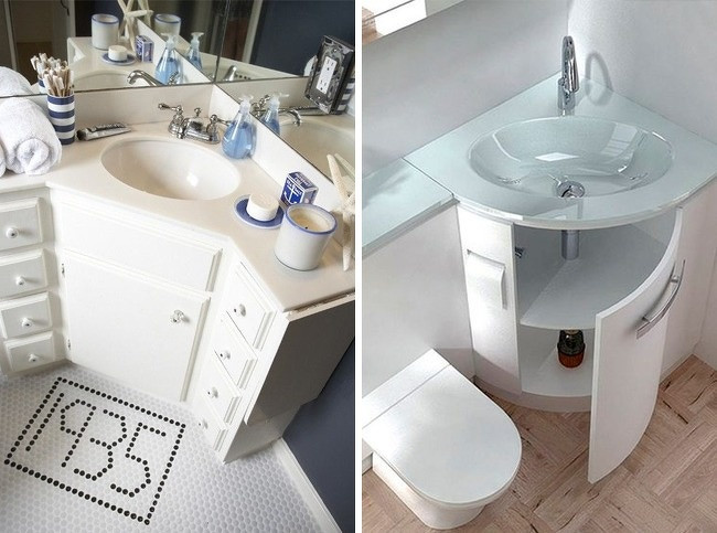 Bồn rửa đặt ở góc phòng giúp bạn tận dụng được hết mọi khoảng trống.