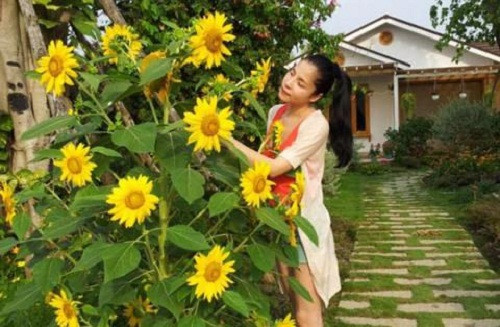 Nằm trong làng biệt thự vườn Gia Phú Viên (Bình Chánh, TP HCM), ngôi nhà của vợ chồng ca sĩ Kiwi Ngô Mai Trang có khu vườn luôn ngập tràn mùi hương của hoa trái. Ảnh: Baodatviet.