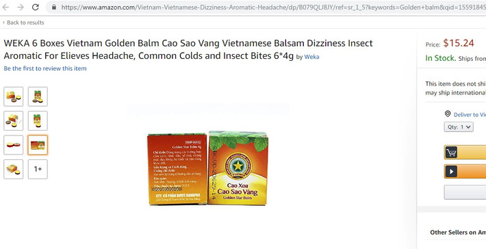 Trên Amazon, combo 6 hộp cao Sao Vàng được bán với giá 15,24 USD (khoảng 350.000 đồng). Ảnh chụp màn hình.