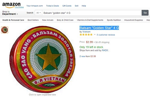 Trang Amazon, eBay có những dòng giới thiệu khá hấp dẫn về sản phẩm của Việt Nam như: "Kích cỡ nhỏ, có tác dụng khi bị cúm, cảm lạnh, đau bụng và đau nhức cơ cổ, lưng...". Ảnh: Amazon.
