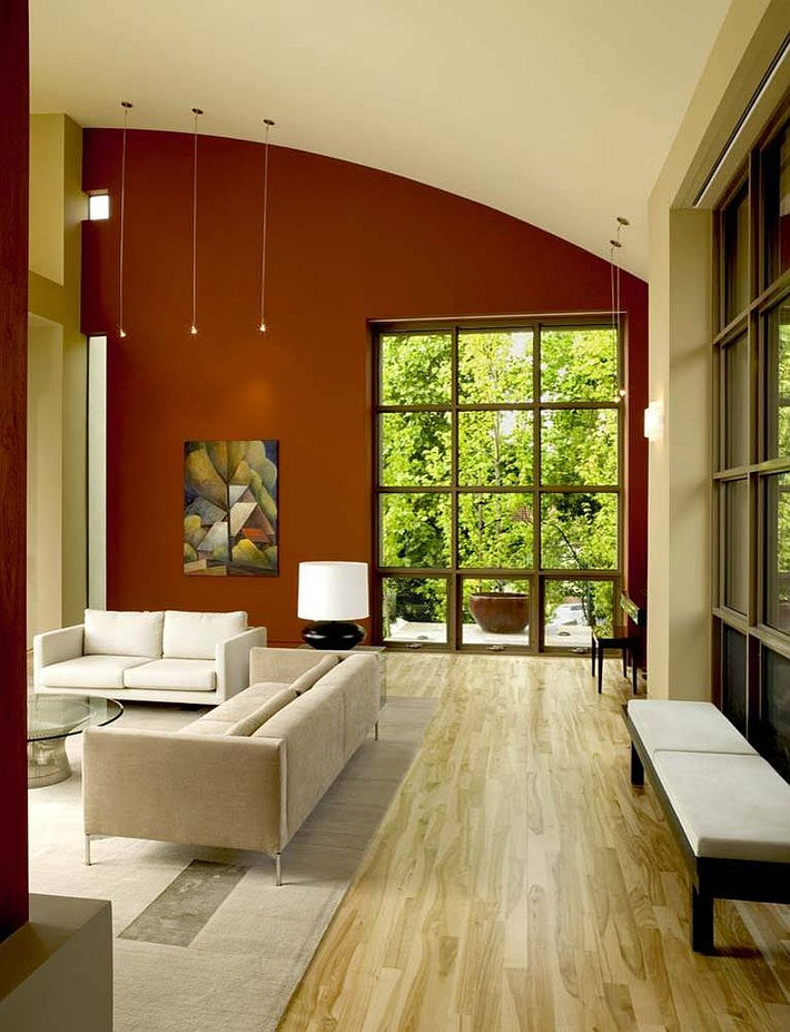 Bức tường màu đất là điểm nhấn giúp căn phòng mới lạ hơn. Nguồn ảnh: Houzz.