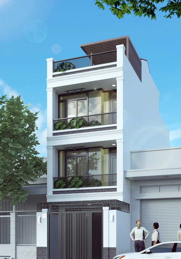 Nhà phố 3 tầng mái bằng tối giản các chi tiết rườm rà. Cách bố trí các mảng giật cấp giúp đánh lừa thị giác, trông ngôi nhà sẽ rộng hơn bình thường. Ảnh: Song Phát Construction