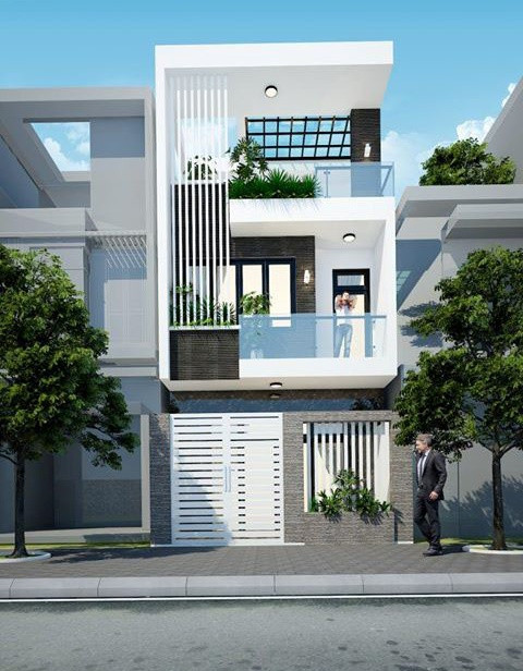 Hệ lam chống nắng, ban công kính và bồn hoa trang trí mặt tiền giúp công trình thêm nổi bật. Ảnh: Song Phát Construction