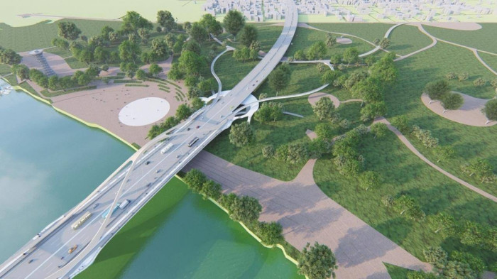 Theo phương án được lựa chọn, cầu chính dài 900m, gồm 6 nhịp, tổng chiều dài cầu và đường dẫn hai đầu khoảng 5,5 km, qua các quận Hoàn Kiếm, Hai Bà Trưng, Long Biên. Ảnh: Báo giao thông
