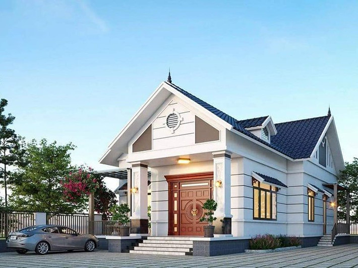 Điểm nhấn chính của căn nhà là sảnh chính có 2 trụ cột vuông lớn, bậc tam cấp ốp đá cẩm thạch sang trọng. Ảnh: Noithatalpha