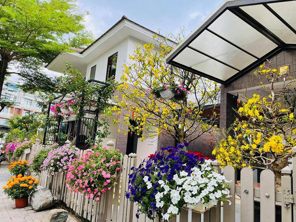 Hai hàng rào biệt thự đều phủ hoa đầy màu sắc. Ảnh: FBNV