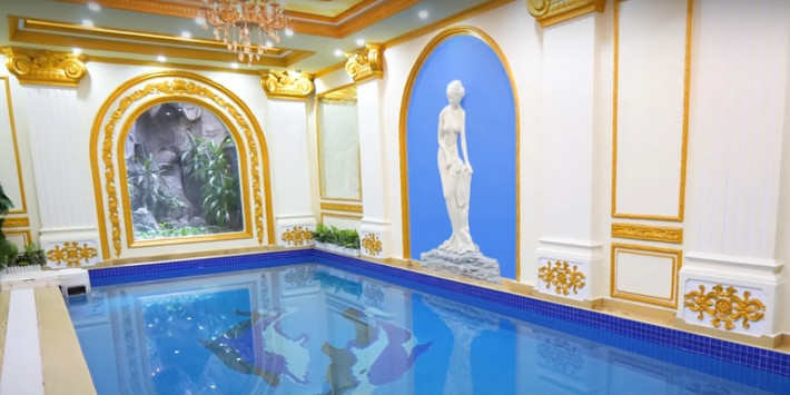 Tầng 1 gồm 3 không gian chính gồm: sảnh đón khách, hòn non bộ, hầm rượu phía dưới cầu thang và đặc biệt là bể bơi bốn mùa lớn. Ảnh: NhaF
