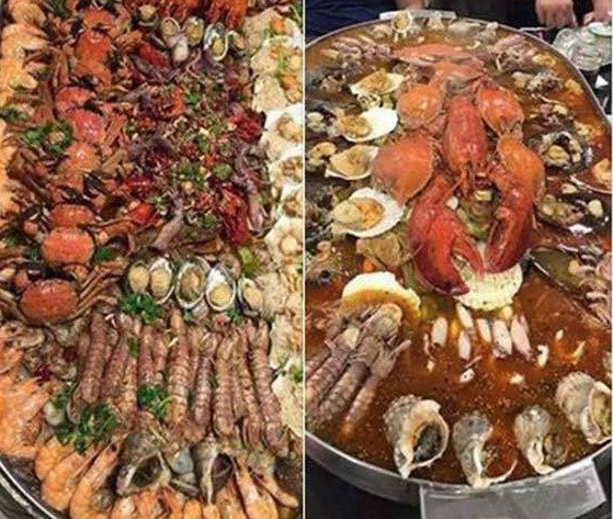 Nồi lẩu đầy ắp hải sản khác xa thực tế tại một quán ăn.