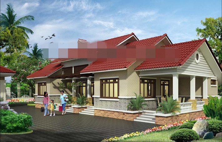 Nhà 1 tầng mái ngói được thiết kế theo kiến trúc truyền thống, đơn giản. Phần tường mặt tiền được ốp bằng gạch thẻ đẹp mắt. Ảnh: Sieuthinhamau.