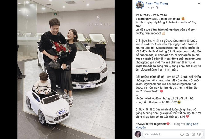 Mới đây, hot family Tùng Sơn - Trang Lou khiến dân tình xôn xao khi tậu chiếc xe thuộc dòng Ghibli đến từ hãng Maserati nhân dịp 4 năm ngày cưới và 9 năm yêu nhau.