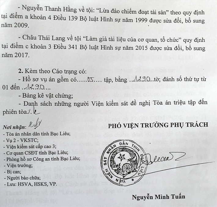 Mới đây nhất, ngày 15/11, Viện KSND tỉnh Bạc Liêu đã tống đạt cáo trạng đến các đối tượng liên quan và đề nghị truy tố vợ chồng ông Nguyễn Thanh Hằng, Giám đốc Cty TNHH Gia Bảo tội lừa đảo chiếm đoạt tài sản. Ảnh: Lao động.