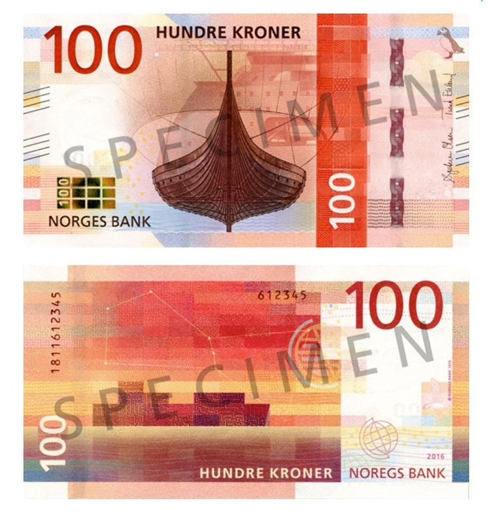 Tờ tiền 100 kroner mới của Na Uy (giá trị tương đương 13 USD) tôn vinh ngành hàng hải - ngành kinh tế quan trọng nhất của nước này.