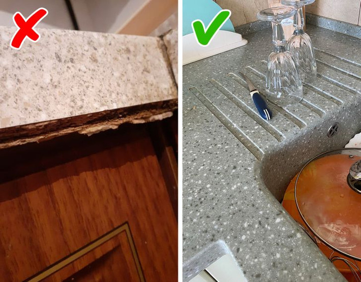 Sau khi rửa bát, sẽ vẫn còn rất nhiều nước trên mặt bếp. Để bề mặt bền lâu hơn, đừng chọn loại rẻ tiền - hãy chọn đá cẩm thạch hoặc đá granit.