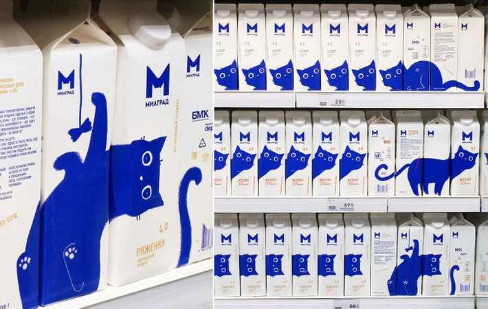 Các sản phẩm sữa theo chủ đề mèo xếp hàng trên kệ siêu thị một cách đẹp mắt chắc chắn sẽ khiến khách hàng yêu động vật khó bó qua.