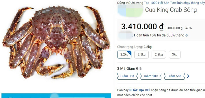 Cua hoàng đế sống được một sàn thương mại điện tử rao bán với giá 3,41 triệu đồng/kg, giảm 43% so với giá cũ.