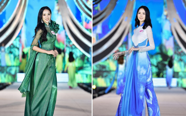 Tối 12/11, top 35 Hoa hậu Việt Nam 2020 tham gia trình diễn áo dài và bikini. Thí sinh Trần Hoàng Ái Nhi (SBD 175) và Nguyễn Lê Bảo Ngọc (SBD 025) tự tin catwalk trên sân khấu. Bảo Ngọc đến từ Cần Thơ nổi bật với chiều cao 1,84 m.