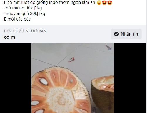 Trong khi mít Thái ở ĐBSCL đang chờ được "giải cứu" thì mít ruột đỏ đang được rao bán nhiều trên chợ mạng với giá từ 80.000 - 90.000 đồng/kg. Ảnh chụp màn hình.