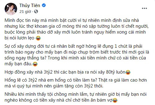 Nói về lý do xây lại biệt thự, Thủy Tiên cho biết ban đầu cô dự định sửa nhà, song lúc thợ khoan tới gia cố móng thì tường sập, suýt gây chết người. Để đảm bảo an toàn, tránh nguy hiểm, nữ ca sĩ buộc lòng phải tháo dỡ, xây mới. Ảnh: chụp màn hình
