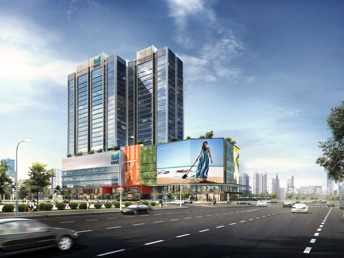Dự án có diện tích đất 8.956 m2, diện tích xây dựng khoảng 4.717,3 m2. Như vậy, mật độ xây dựng chiếm 52,67%. Đây là một mức mật độ xây dựng rất cao, tuy nhiên đó là phần khối đế 6 tầng. Ảnh phối cảnh tổng thể dự án.