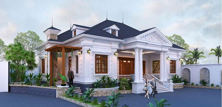 Phía trước biệt thự là hệ trụ với gam màu trắng chủ đạo, mang đến sự nhẹ nhàng, tinh tế. Ảnh: Wedo
