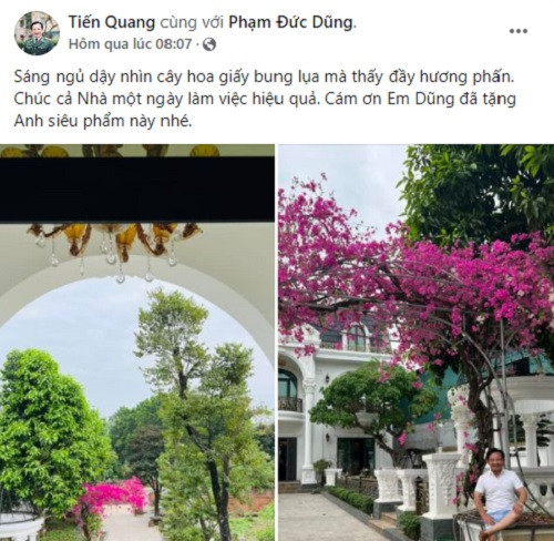 Cách đây ít giờ, trên trang cá nhân, NSƯT Quang Tèo khoe khoảnh khắc ngồi dưới cây hoa giấy rực rỡ trước cửa bạch dinh mới thu hút sự chú ý của đông đảo khán giả.