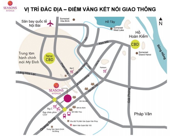 Dự án có tổng số 1.300 căn hộ với diện tích đa dạng từ 67m2 đến 133m2, với thết kế tối ưu từ 2 đến 3 phòng ngủ. Giá bán căn hộ Seasons Avenue chỉ từ 29,2 triệu/m2 chưa gồm VAT và nội thất cơ bản. Ảnh sơ đồ vị trí dự án Seasons Avenue.