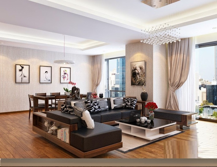 Các căn hộ tại đây có diện tích dao động từ 61,4 m2 đến 114m2, có 2-3 phòng ngủ. Dự án được thiết kế bởi Aedas - một hãng thiết kế uy tín đến từ Anh. Ảnh căn hộ mẫu - phòng khách tại dự án Home City.