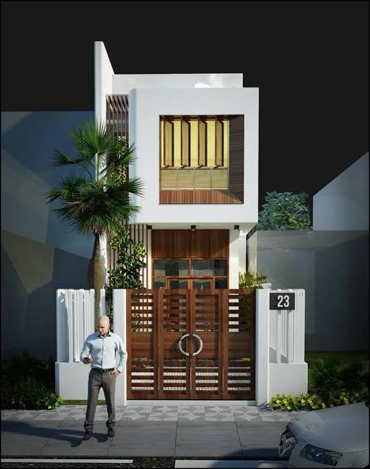 Mẫu nhà ống 2 tầng sử dụng cách thiết kế khối chồng khối, khối tiếp khối, tạo ra các đường nét cân đối. Ảnh: Wedo.