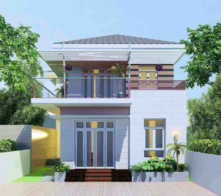 Nhà 2 tầng mái thái kiểu dáng đơn giản, hiện đại với tầng 1 gồm phòng khách, phòng bếp, vệ sinh và một phòng ngủ. Ảnh: Kientrucsuvietnam.