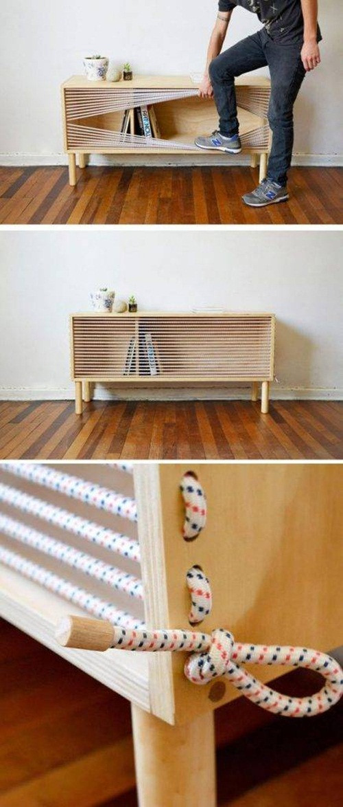 Tủ được chế tạo từ dây cao su, dây đai, poly hoặc dây thừng sợi nhỏ. Ảnh: Happynest.